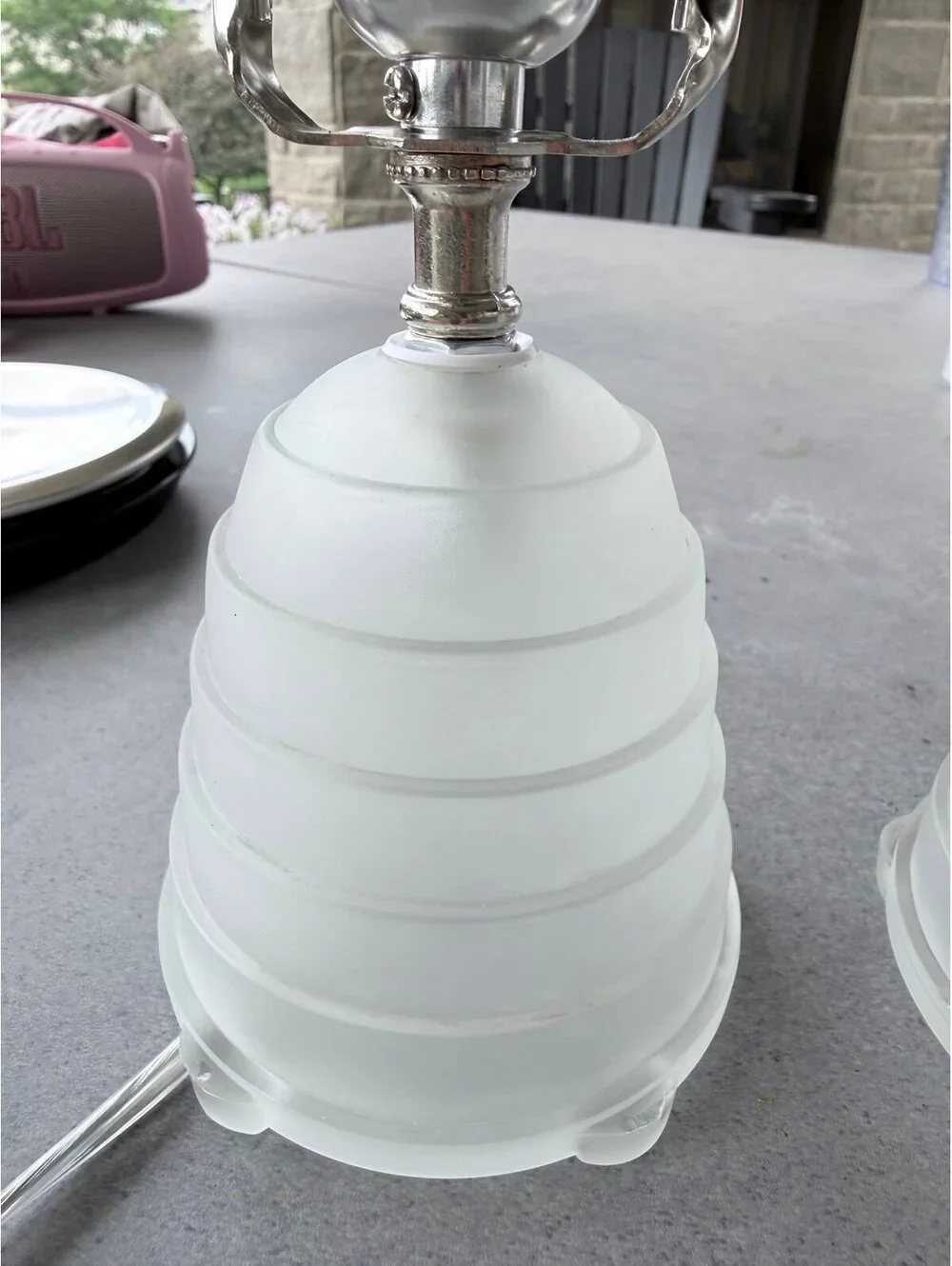 Pair of Vintage Frosted Glass Beehive Accent Table Lamps Brushed Nickel
